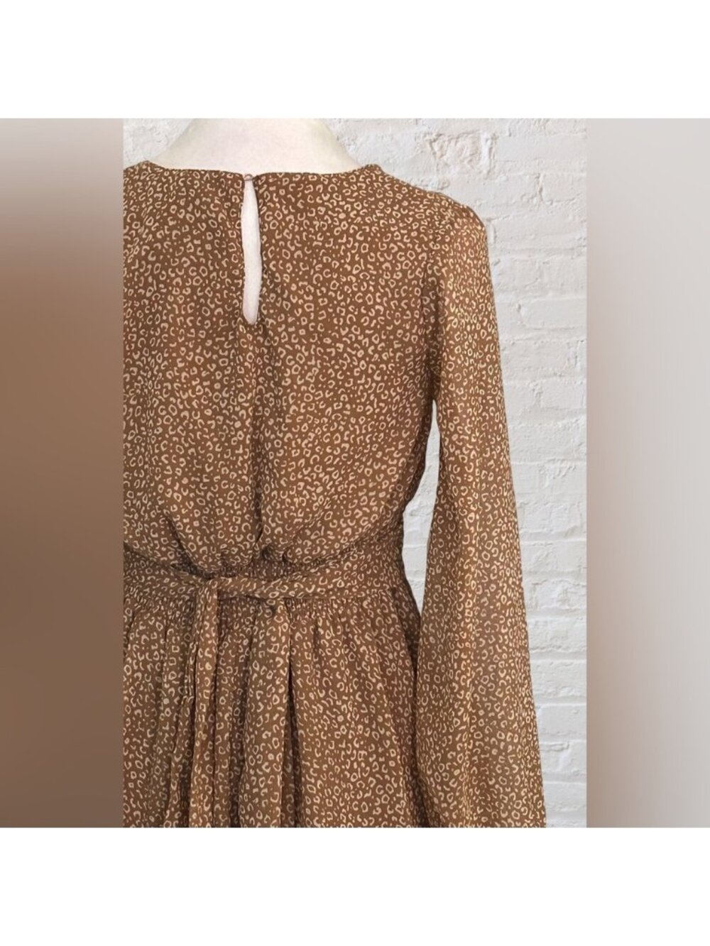 Brown Long Sleeve Mini Dress S Lightweight Boho Chic Cottagecore Peasant - Picture 9 of 11